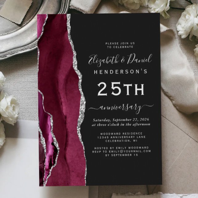 Invitation Burgundy Agate Argent Foncé 25e Anniversaire (Créateur téléchargé)