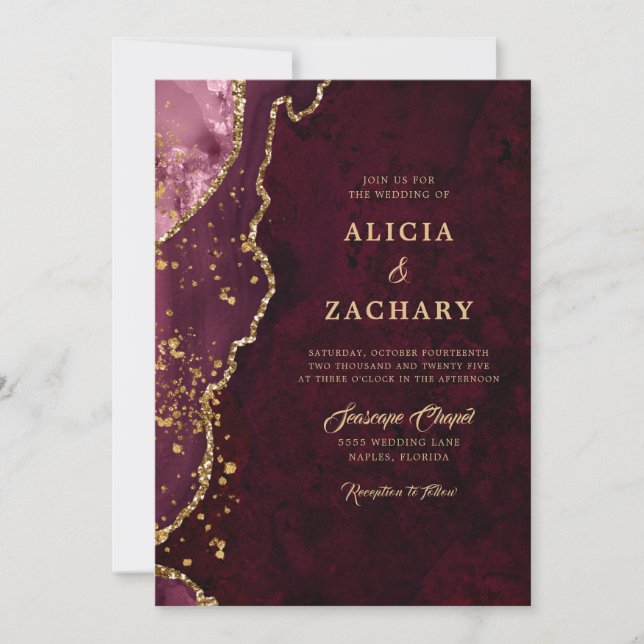 Invitation Burgundy Agate Gold Mariage élégant (Devant)