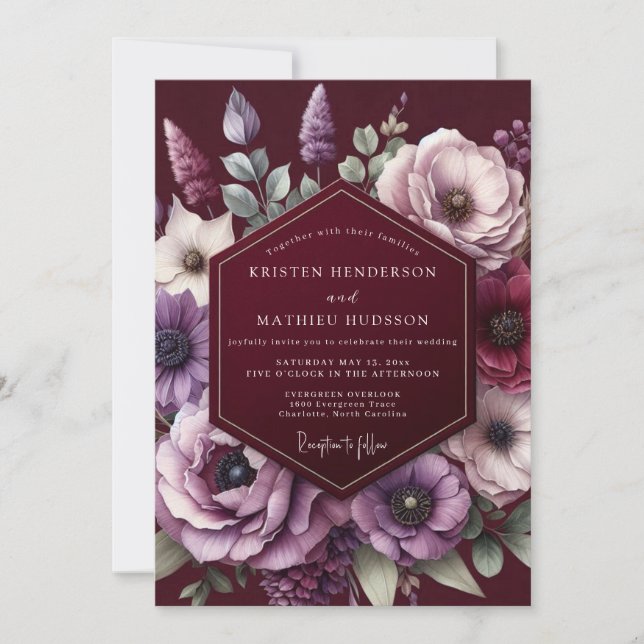 Invitation Burgundy Amethyst Bloom Wedding (Devant)