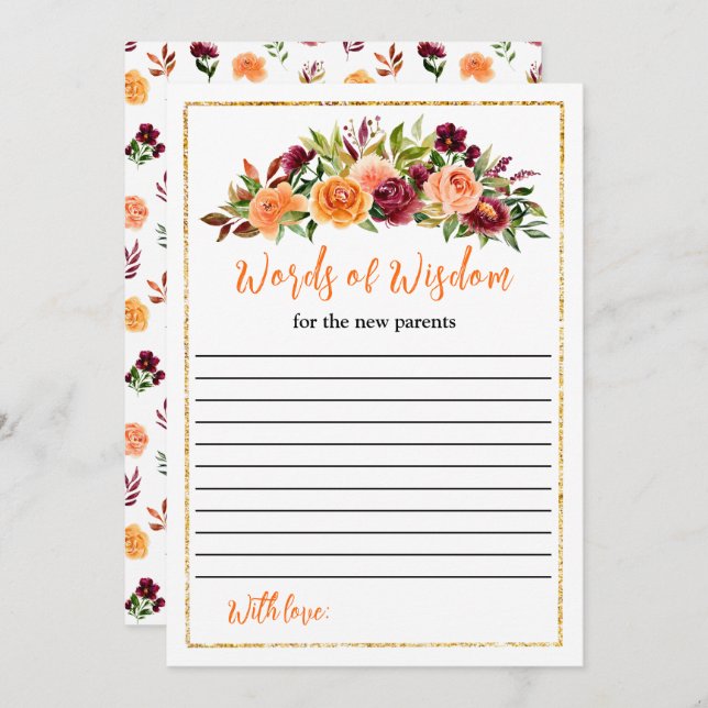 Invitation Burgundy and Orange Baby Shower Words Of Wisdom (Devant / Derrière)