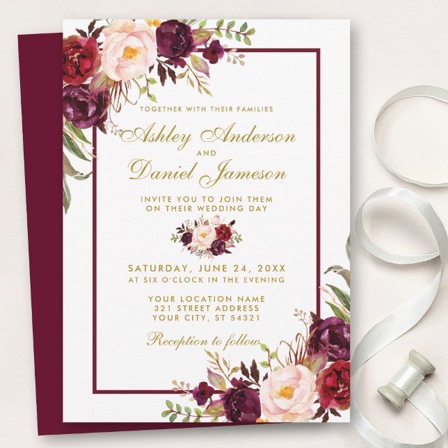 Invitation Burgundy Aquarelle Floral Gold Wedding Inviter BGB (Customize to change text color, style, add text & photos to back or change color of back of card.)