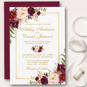 Invitation Burgundy Aquarelle Floral Gold Wedding Inviter GB
