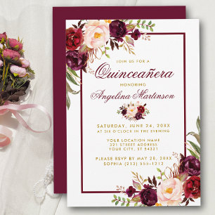 Invitation Burgundy Aquarelle Florale Or Quinceanera