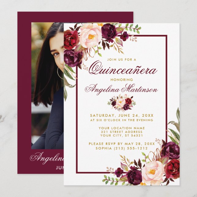 Invitation Burgundy Aquarelle Florale Or Quinceanera Photo (Devant / Derrière)