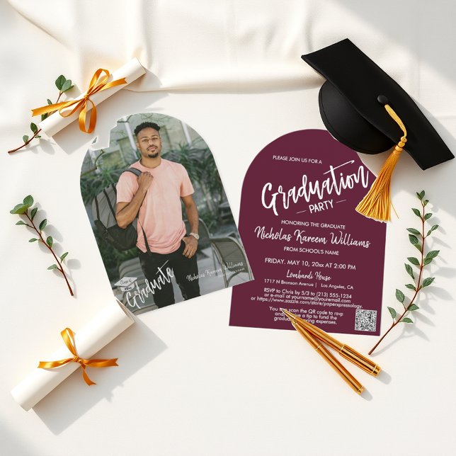 Invitation Burgundy Arch Photo QR Code Grad Party (Créateur téléchargé)