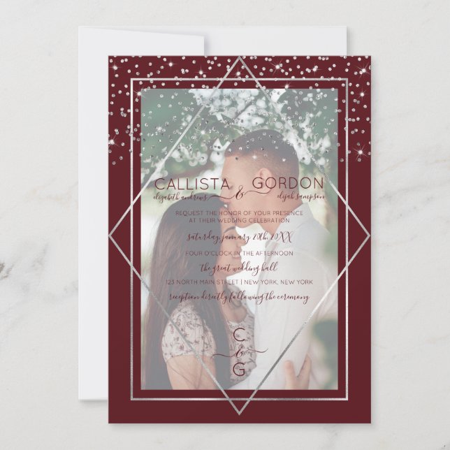 Invitation Burgundy Argent Confetti Geo Mariage photo frontiè (Devant)