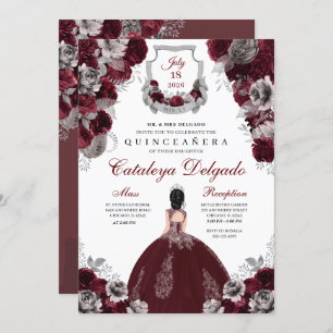 Invitation Burgundy & Argent Floral Elegant Quinceañera