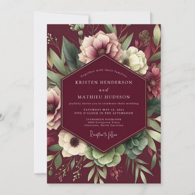 Invitation Burgundy Artistic Bloom Wedding (Devant)