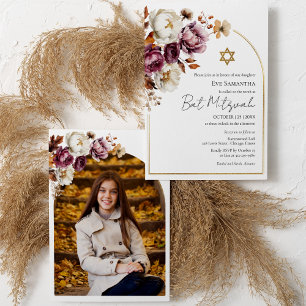 Invitation Burgundy Automne Fleurs Bat Mitzvah Photo