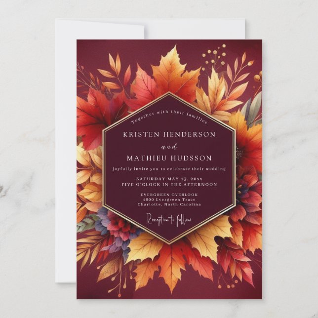 Invitation Burgundy Autumn Bloom Wedding (Devant)