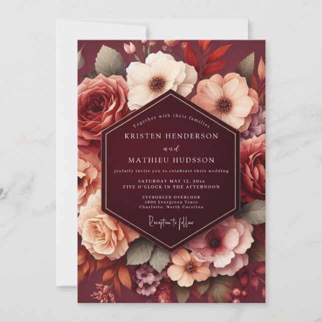 Invitation Burgundy Autumn Floral Romance Wedding (Devant)
