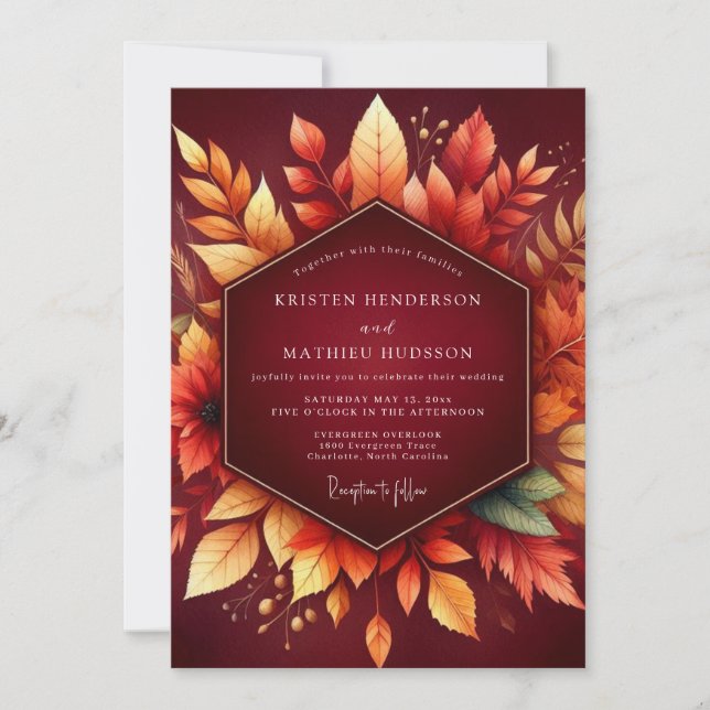 Invitation Burgundy Autumn Foliage Romance Wedding (Devant)