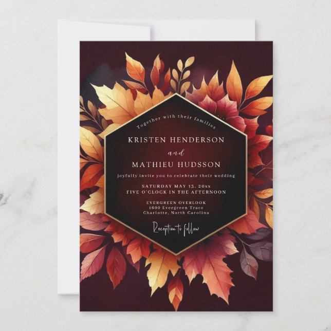 Invitation Burgundy Autumn Leaf Romance Wedding (Devant)