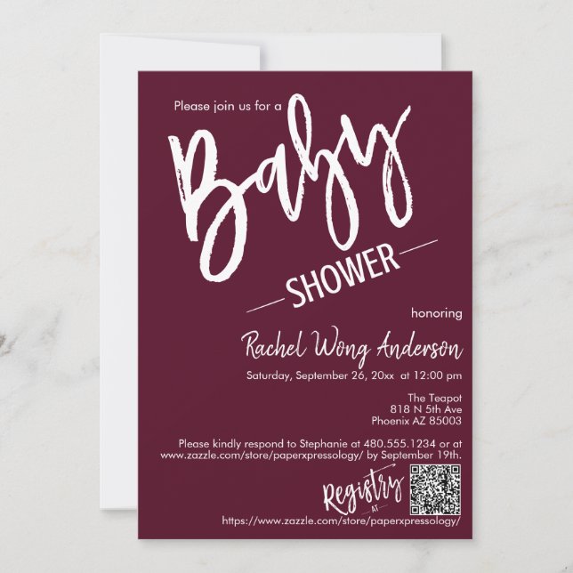 Invitation Burgundy Baby shower de script minimal QR Code pho (Devant)