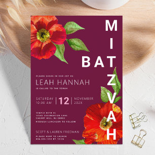 Invitation Burgundy Bat Mitzvah Floral Aquarelle Moderne