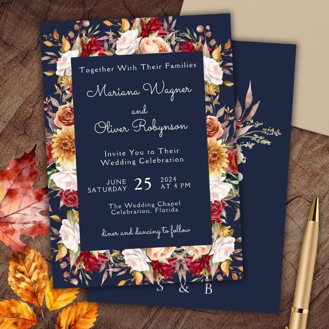 Invitation Burgundy Beige Navy Bleu Automne Floral Mariage (Créateur téléchargé)
