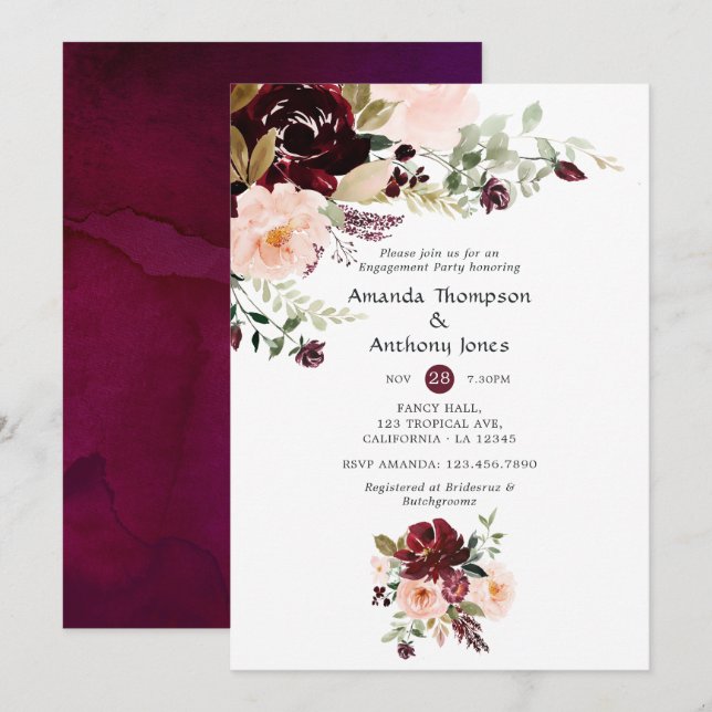 Invitation Burgundy Berry et Blush Floral Engagement Party (Devant / Derrière)