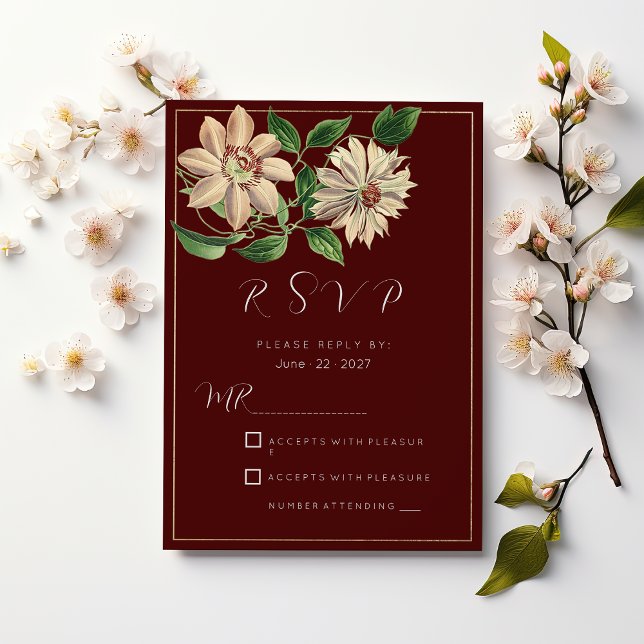 Invitation Burgundy blanc vert floral botanique RSVP (Burgundy white green floral botanic RSVP)