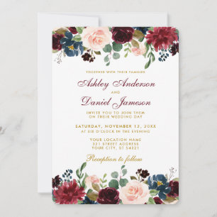 Invitation Burgundy Bleu Floral Élégant Mariage Or W