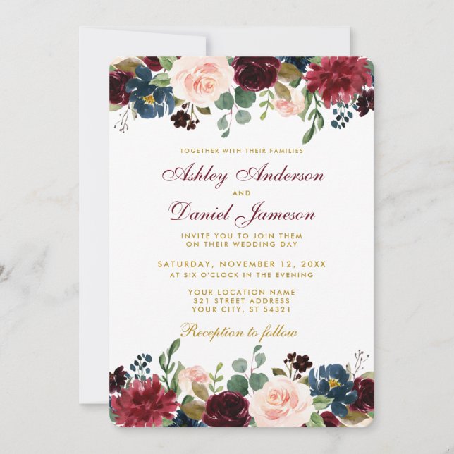 Invitation Burgundy Bleu Floral Élégant Mariage Or W (Devant)