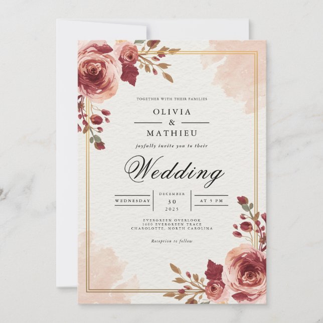 Invitation Burgundy Bloom Archway Wedding (Devant)