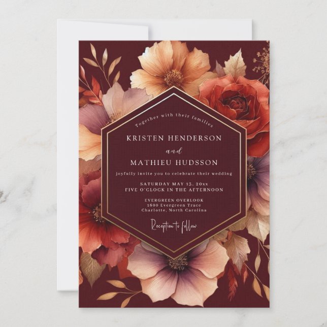 Invitation Burgundy Bloom Autumn Wedding (Devant)