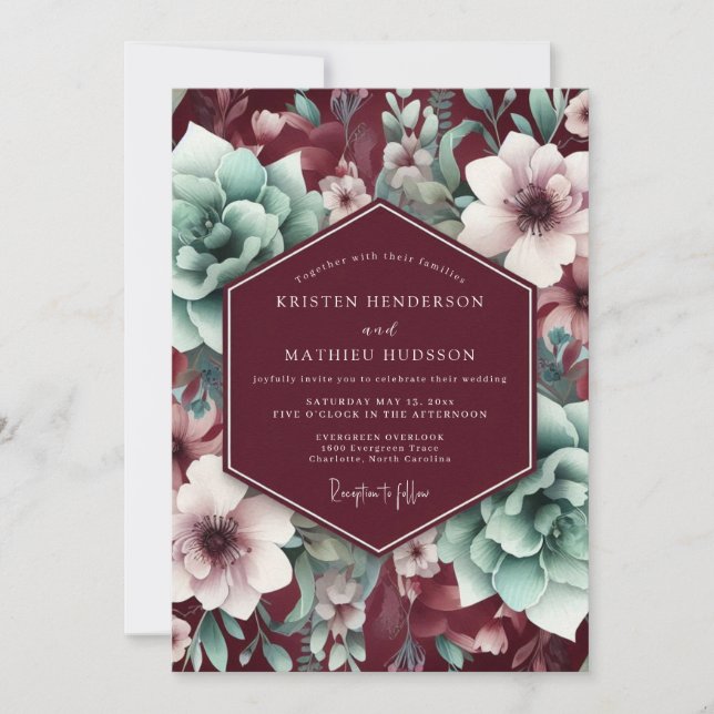 Invitation Burgundy Bloom Elegance Wedding (Devant)