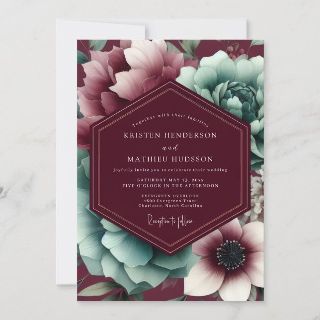 Invitation Burgundy Bloom Moody Wedding (Devant)