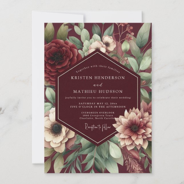Invitation Burgundy Bloom Nocturne Wedding (Devant)