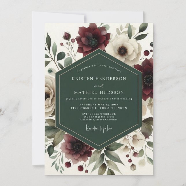 Invitation Burgundy Bloom Romance Wedding (Devant)