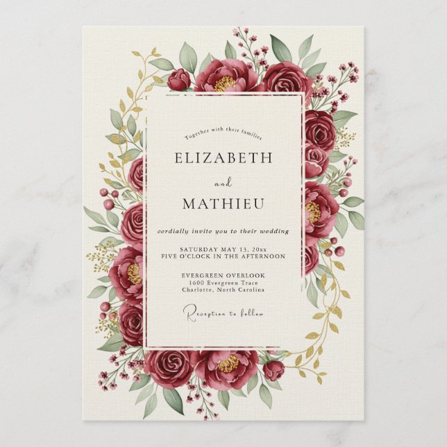 Invitation Burgundy Bloom Romance Wedding (Devant)