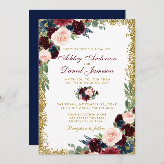 Invitation Burgundy Blue Floral Gold Parties scintillant Mari (Devant / Derrière)