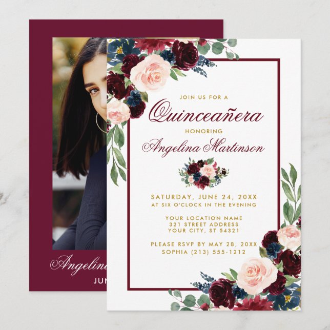 Invitation Burgundy Blue Floral Gold Quinceanera Photo (Devant / Derrière)
