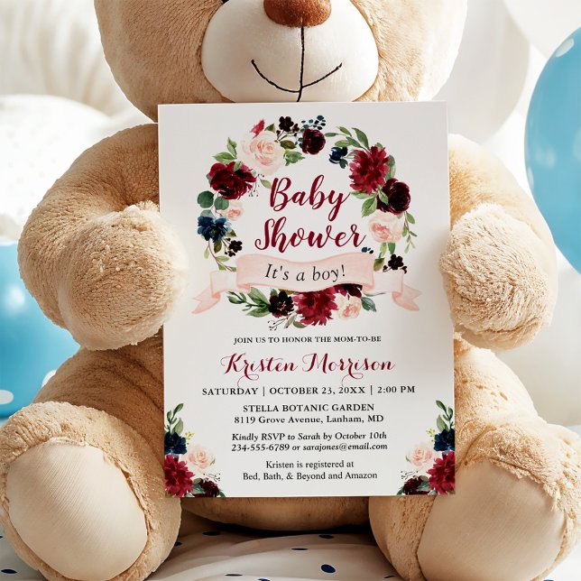 Invitation Burgundy Blue Floral Wreath Ribbon Baby shower (Créateur téléchargé)