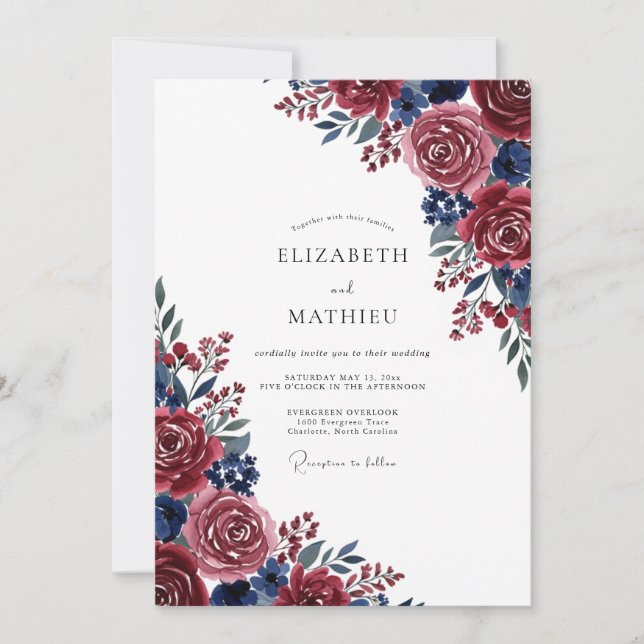 Invitation Burgundy Blue Painterly Bloom Wedding (Devant)