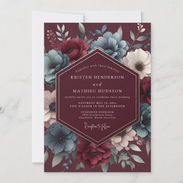 Invitation Burgundy & Blue Shadowy Bloom Wedding (Devant)