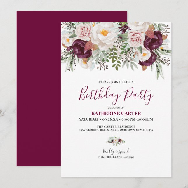 Invitation Burgundy Blush Aquarelle fête d'anniversaire (Devant / Derrière)