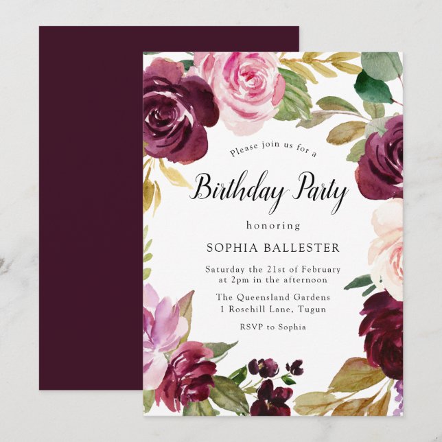 Invitation Burgundy Blush Aquarelle Florale fête d'anniversai (Devant / Derrière)
