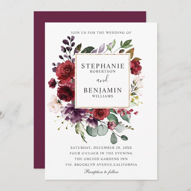 Invitation Burgundy Blush Aquarelle Mariage Floral (Devant / Derrière)