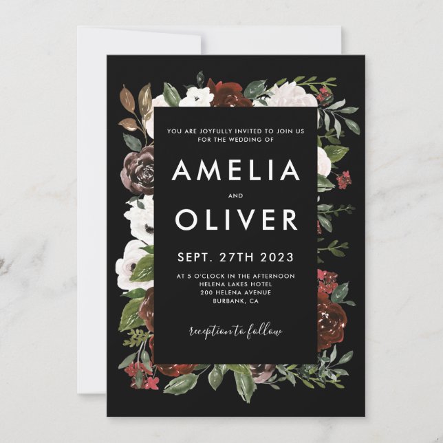 Invitation Burgundy Blush Black Floral Mariage botanique (Devant)