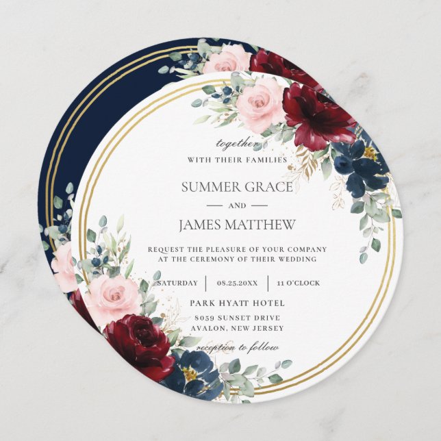 Invitation Burgundy Blush Blue Floral Mariage (Devant / Derrière)