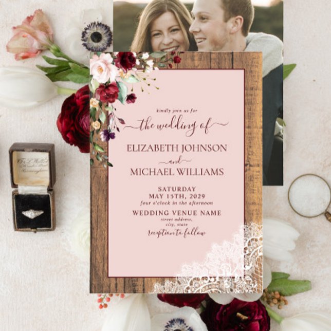 Invitation Burgundy Blush Botanical Script Mariage photo (Créateur téléchargé)