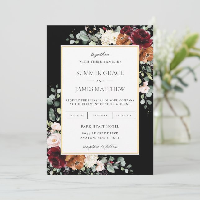 Invitation Burgundy Blush Burange Orange Mariage floral ivoir (Debout devant)
