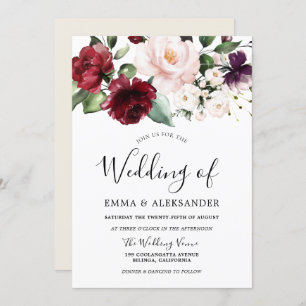 Invitation Burgundy Blush Cream Floral Aquarelle Mariage