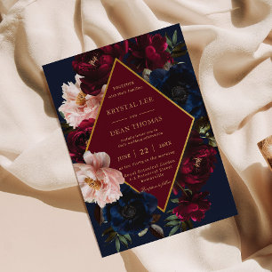 Invitation Burgundy Blush Dark Navy Blue Floral Gold Mariage