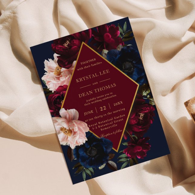 Invitation Burgundy Blush Dark Navy Blue Floral Gold Mariage (Créateur téléchargé)