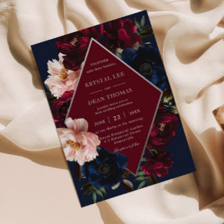 Invitation Burgundy Blush Dark Navy Floral Silver Wedding