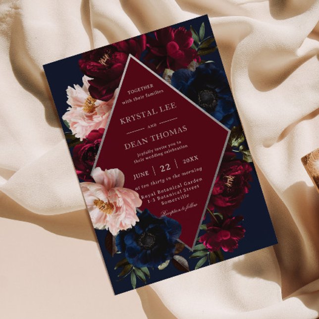 Invitation Burgundy Blush Dark Navy Floral Silver Wedding (Créateur téléchargé)
