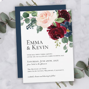 Invitation Burgundy Blush et Navy Floral Mariage