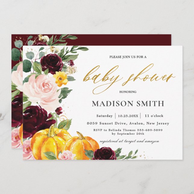 Invitation Burgundy Blush Fall Floral Citrouille Baby shower  (Devant / Derrière)